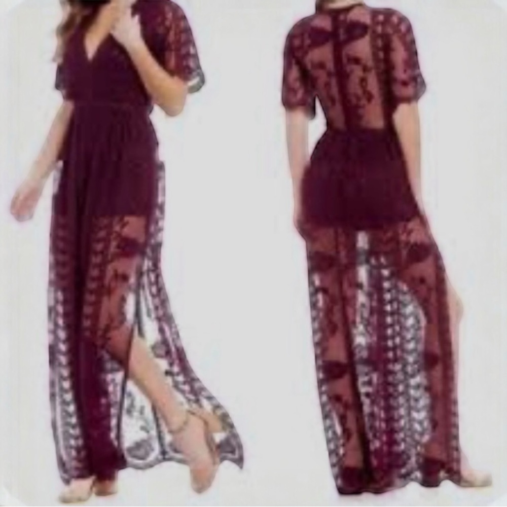 NWOT GB Dark Burgundy Floral Embroidered Lace Romper Style Boho Maxi Dress